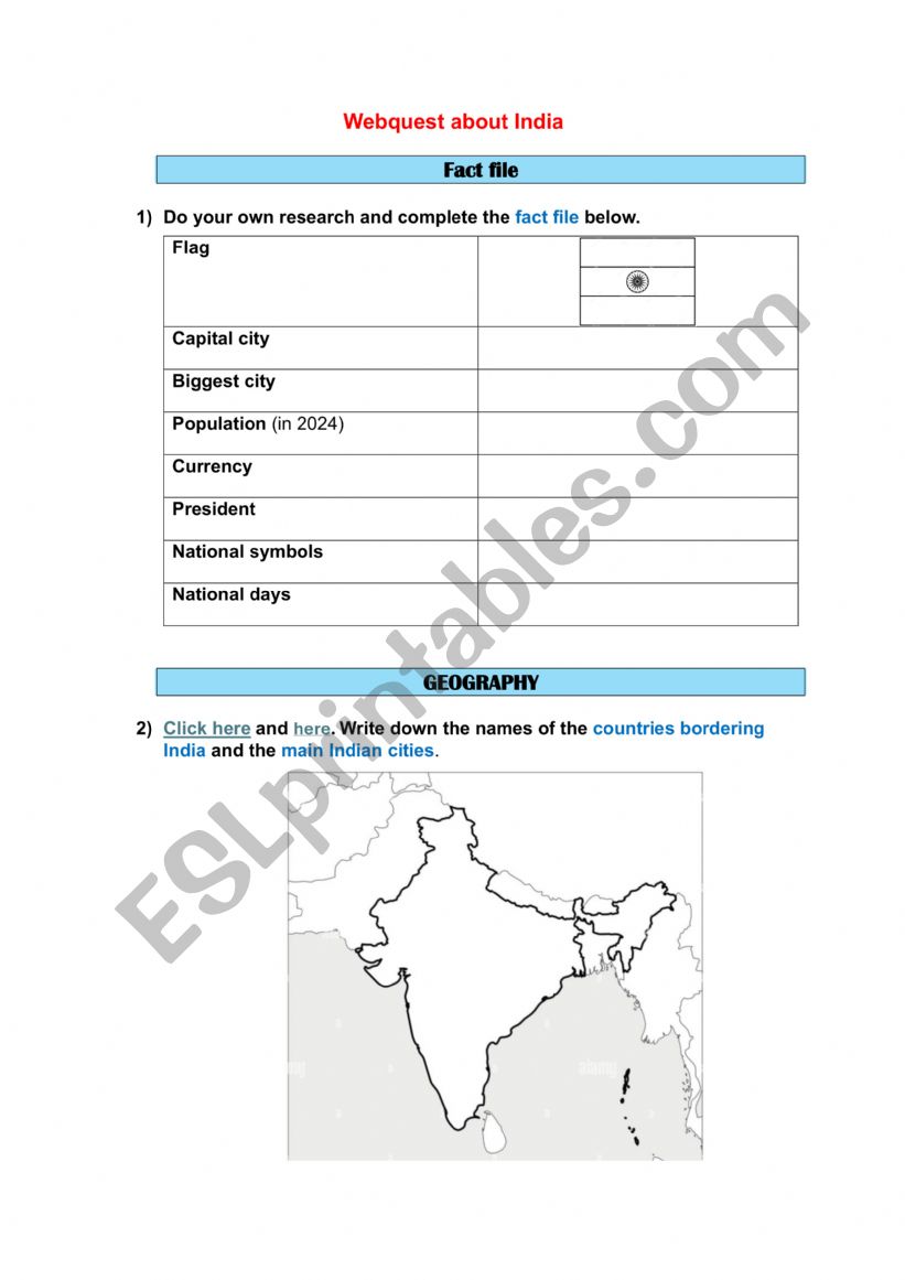 Webquest about India worksheet