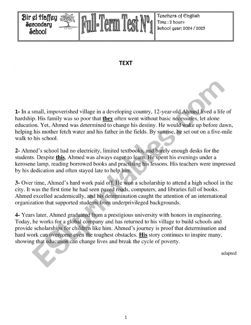 First secondary full-term test 1  2024-2025