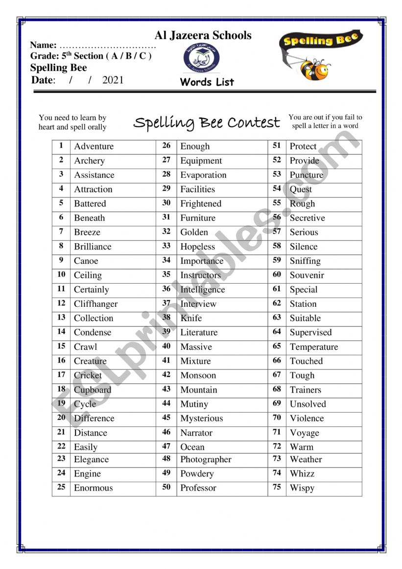 Spelling Bee worksheet