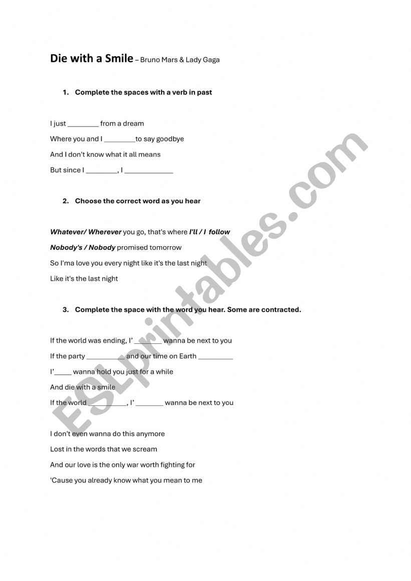 die with a smile worksheet