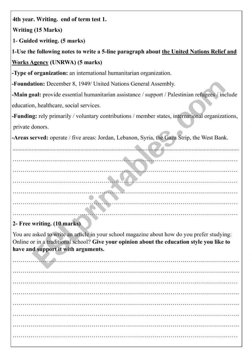 4th year Writing  worksheet