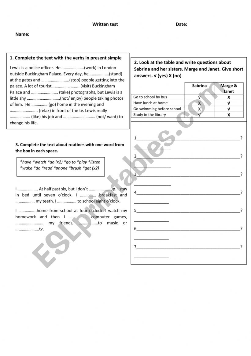 Written test present simple worksheet