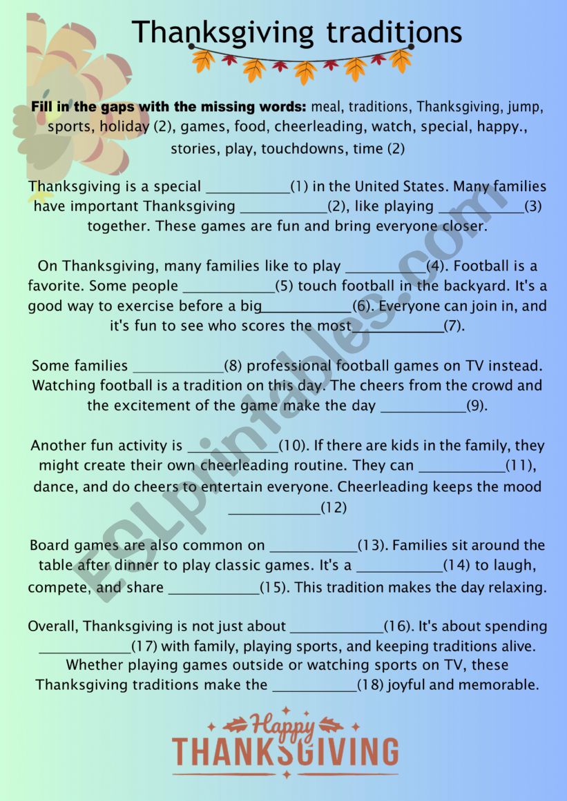 thanksgiving traitions worksheet