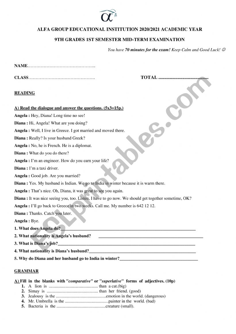 9th grade test worksheet