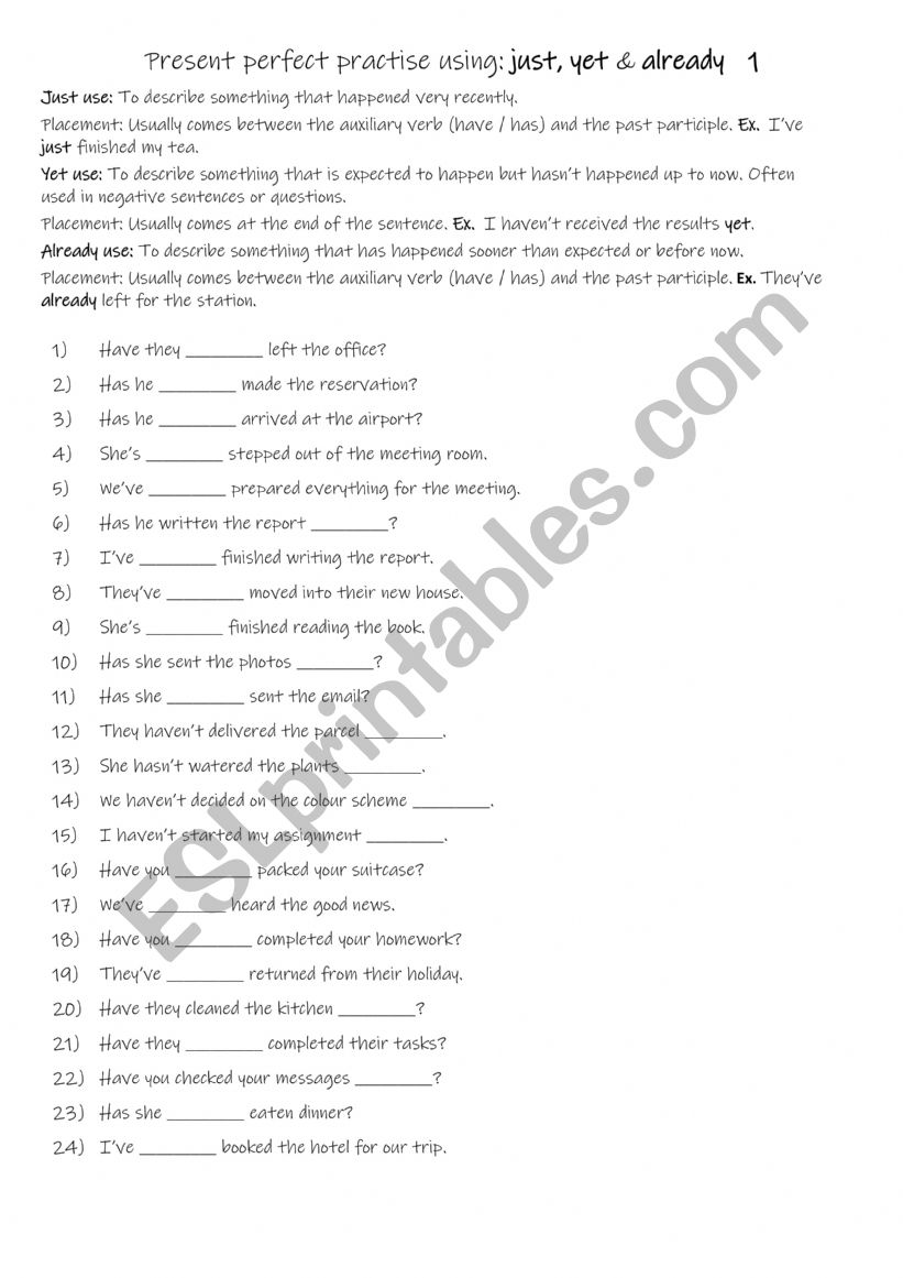 A1+-A2 Present perfect practise using just, yet & already 1