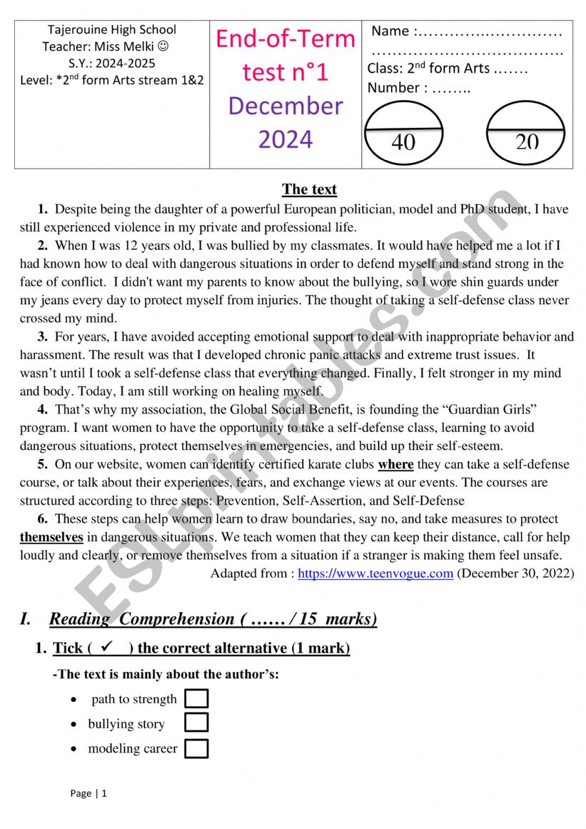 2nd form end term test 1 worksheet