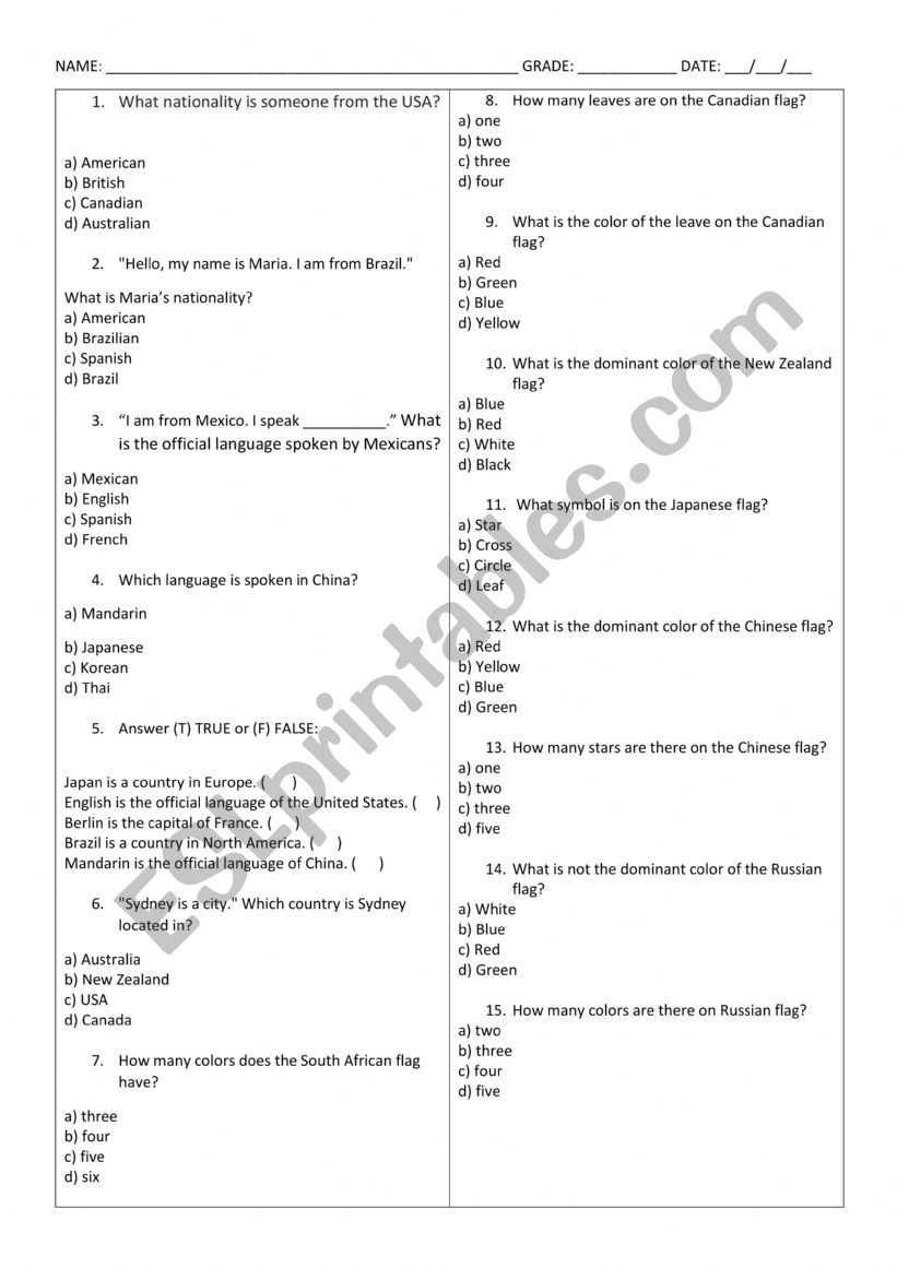 TEST ABOUT COUNTRIES, NATIONALITIES AND LANGUAGE