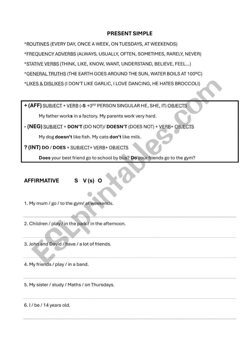 PRESENT SIMPLE AFF. NEG. INT. worksheet