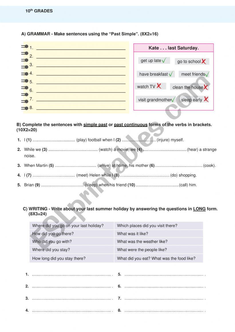 10th GRADE worksheet