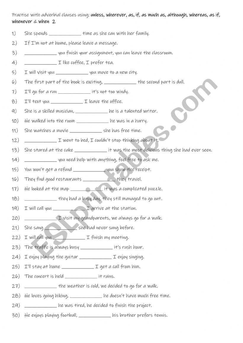 A2+-B1 10 adverbial clauses 2 worksheet