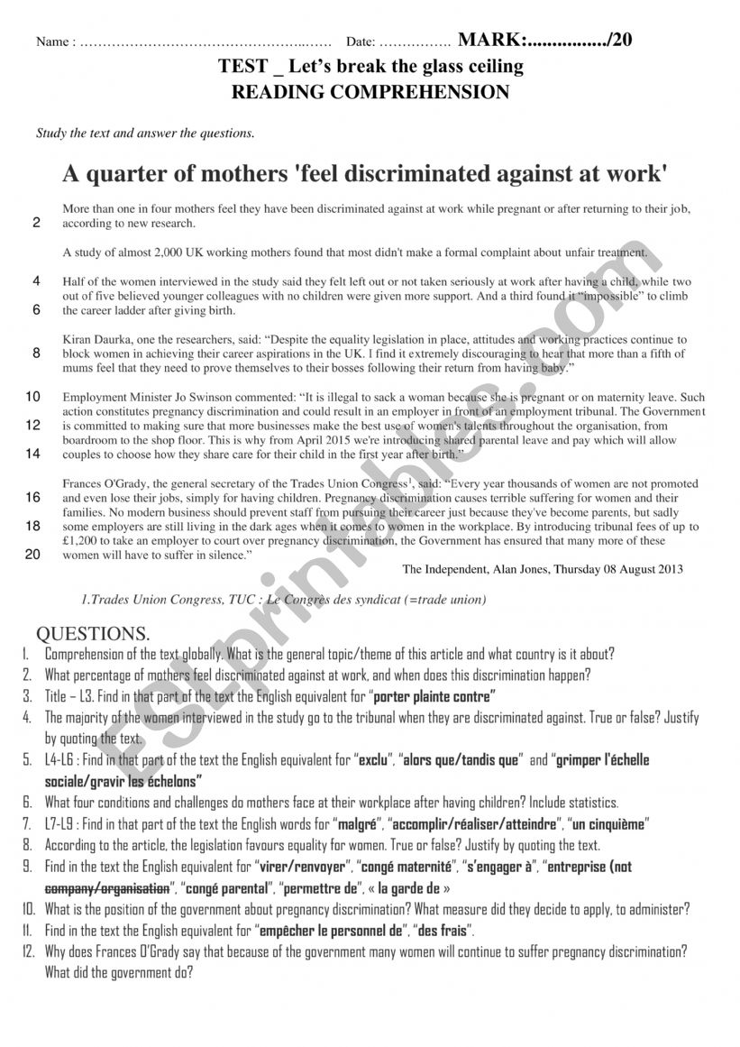 Gender inequality at work worksheet