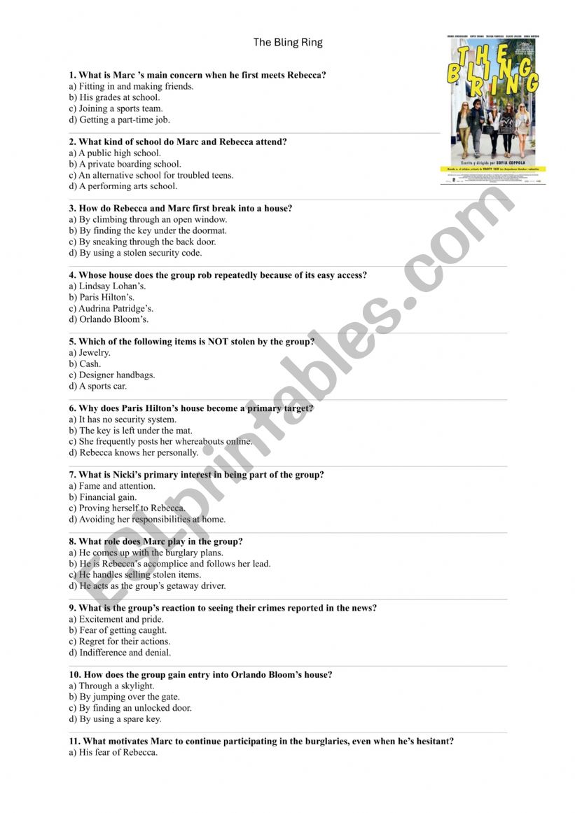 The Bling Ring Worksheet film 