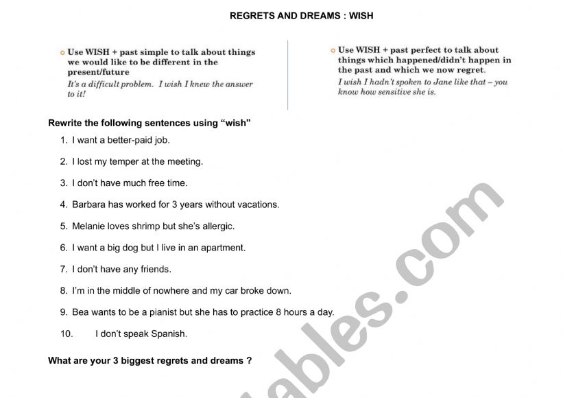 WISH regrets and dreams worksheet