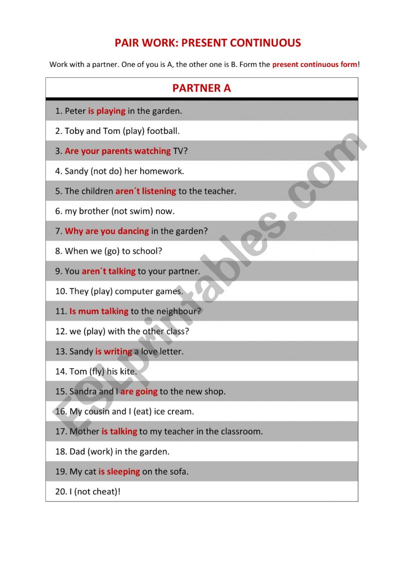 pairwork present continuous worksheet