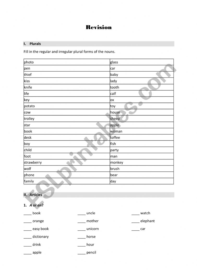 Revision exercises the plural and articles