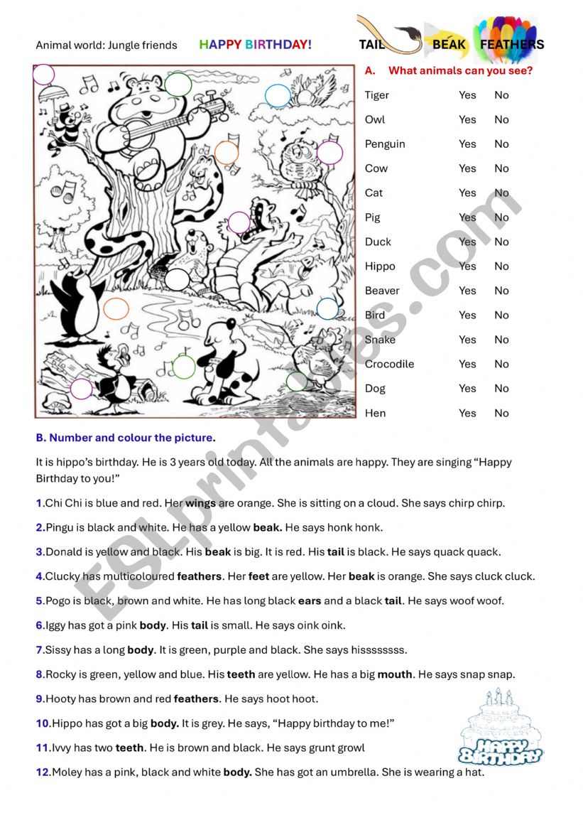 JUNGLE FRIENDS HAPPY BIRTHDAY worksheet