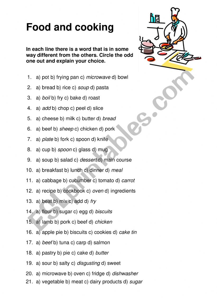 Food and cooking worksheet