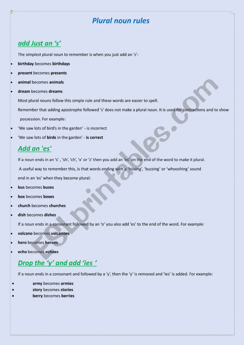 plural noun rules worksheet