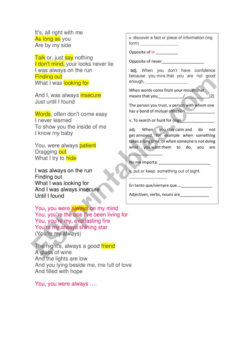 you - song worksheet