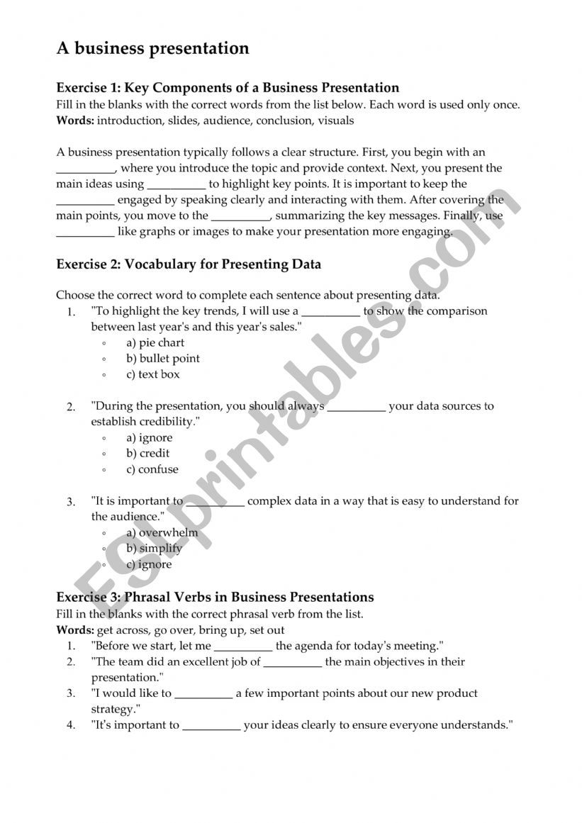 A BUSINESS PRESENTATION worksheet