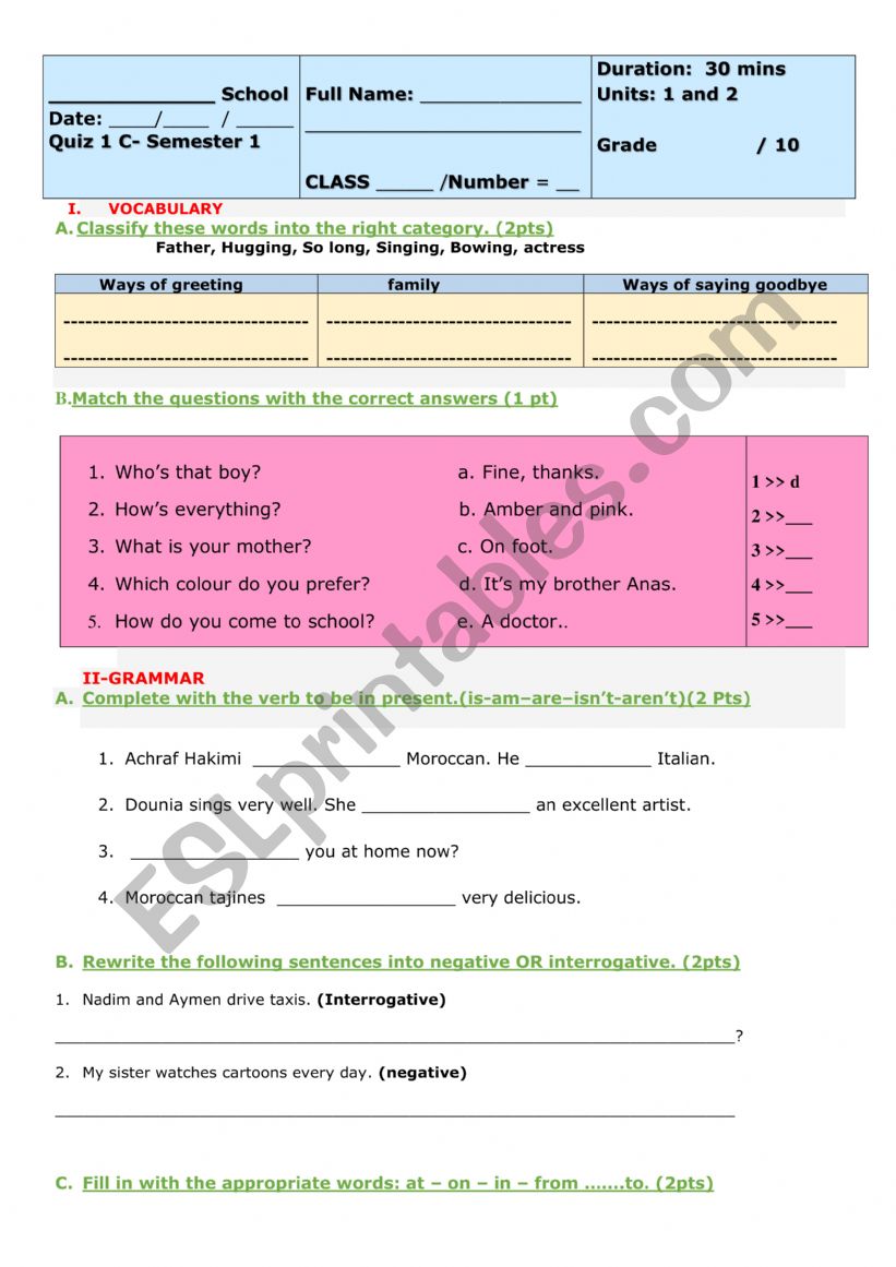 QUIZ 1C FOR ELELMENTARY LEVEL A1 OPTION C