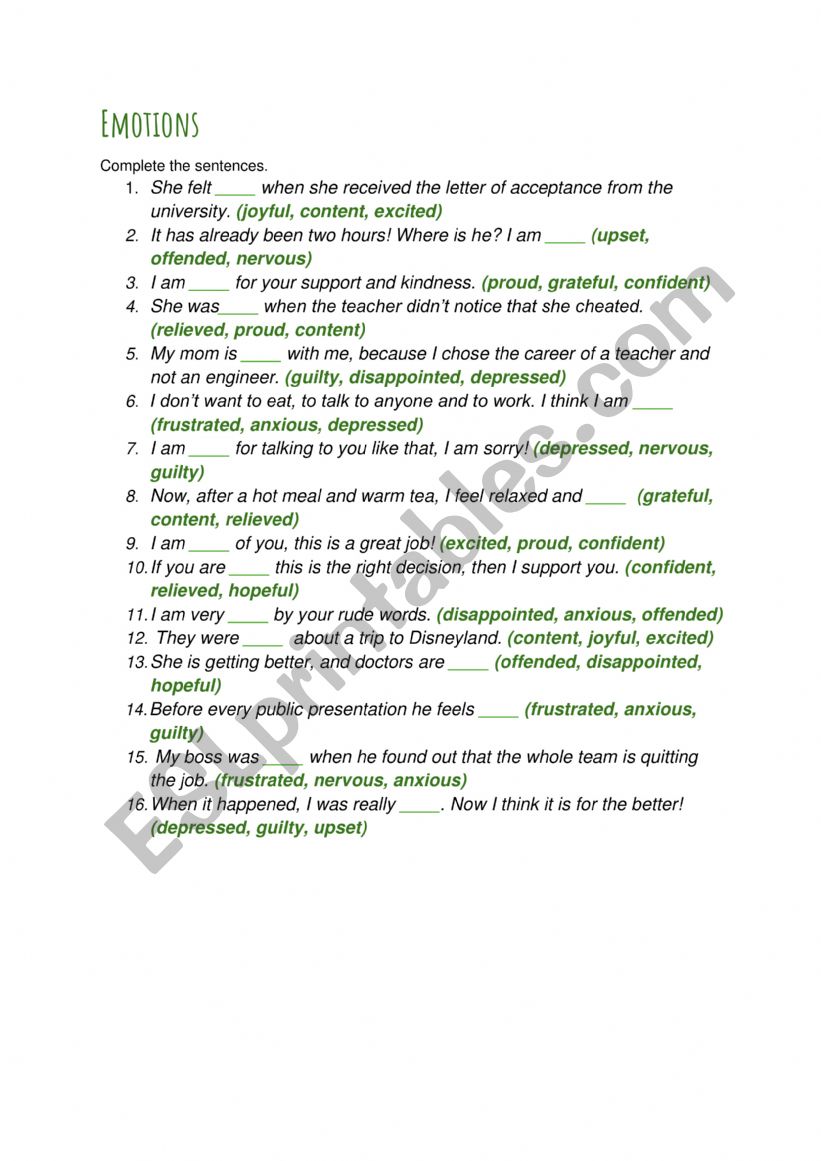 Different emotions worksheet