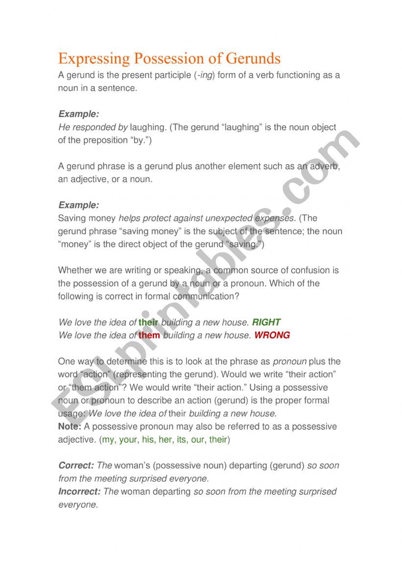 Express possession of gerunds worksheet