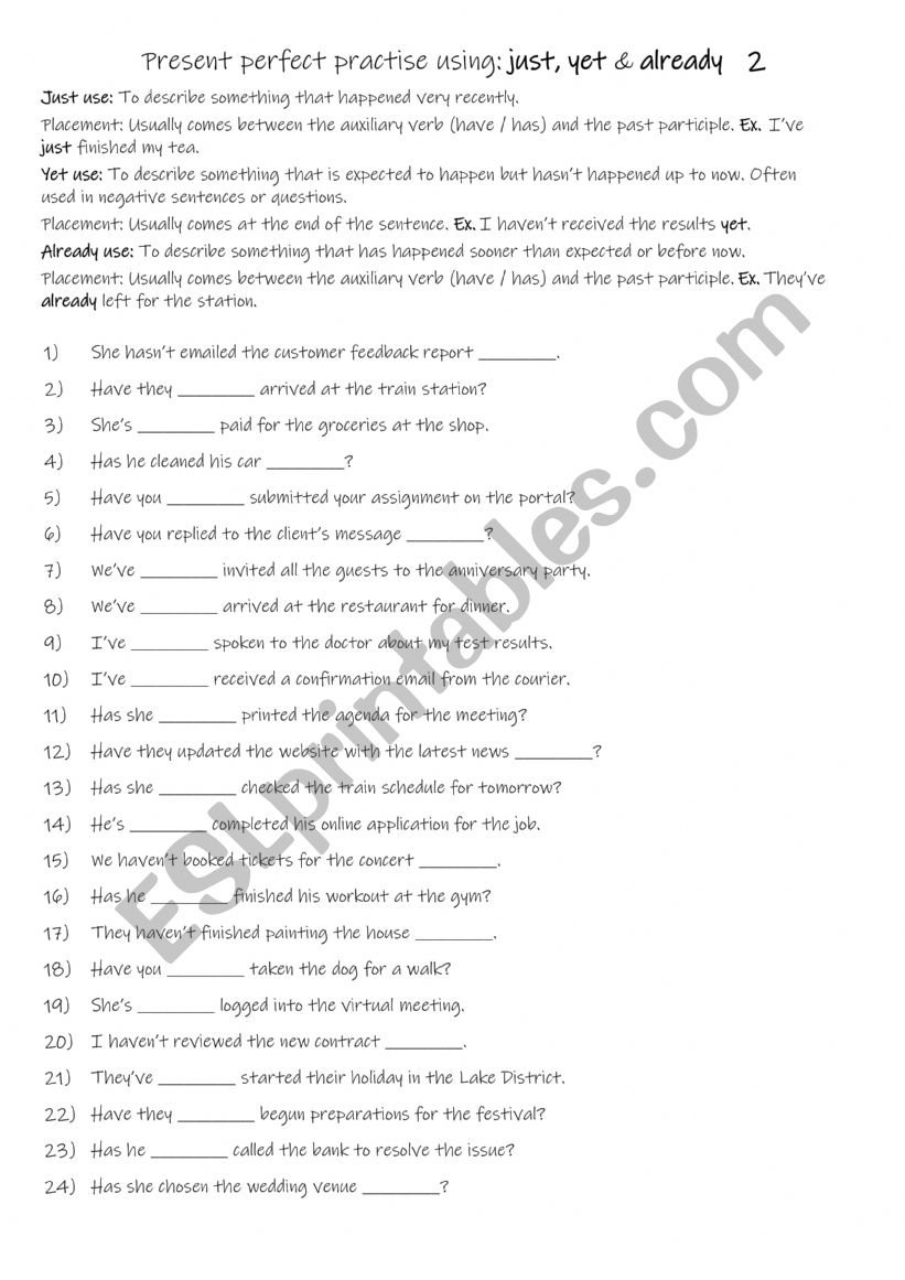 A2-B1 Present perfect practise using just, yet & already 2