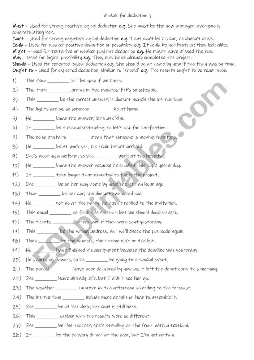 A2-B1 Modals for deduction 1 worksheet