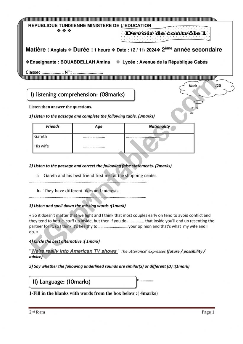 end of term  worksheet