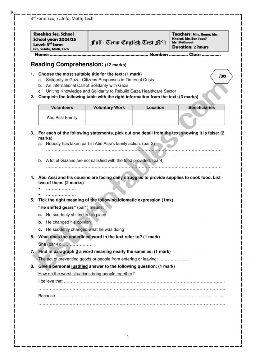 3rd form test worksheet