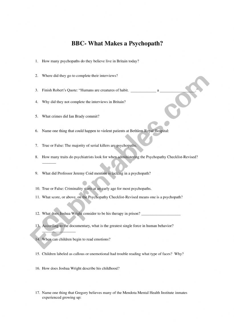 What makes a psychopath worksheet