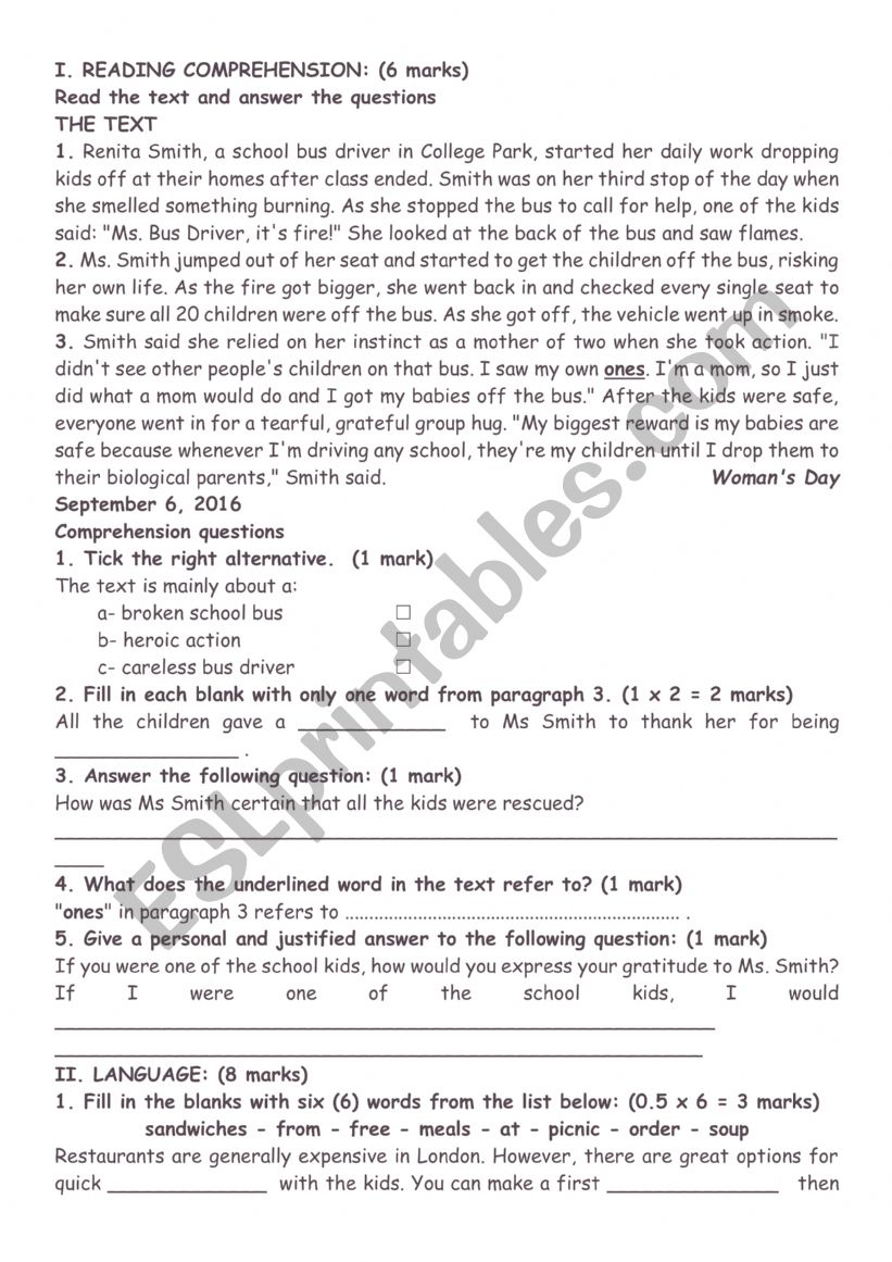 9th form national test worksheet