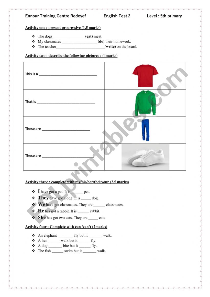 english test for 5th form primary school