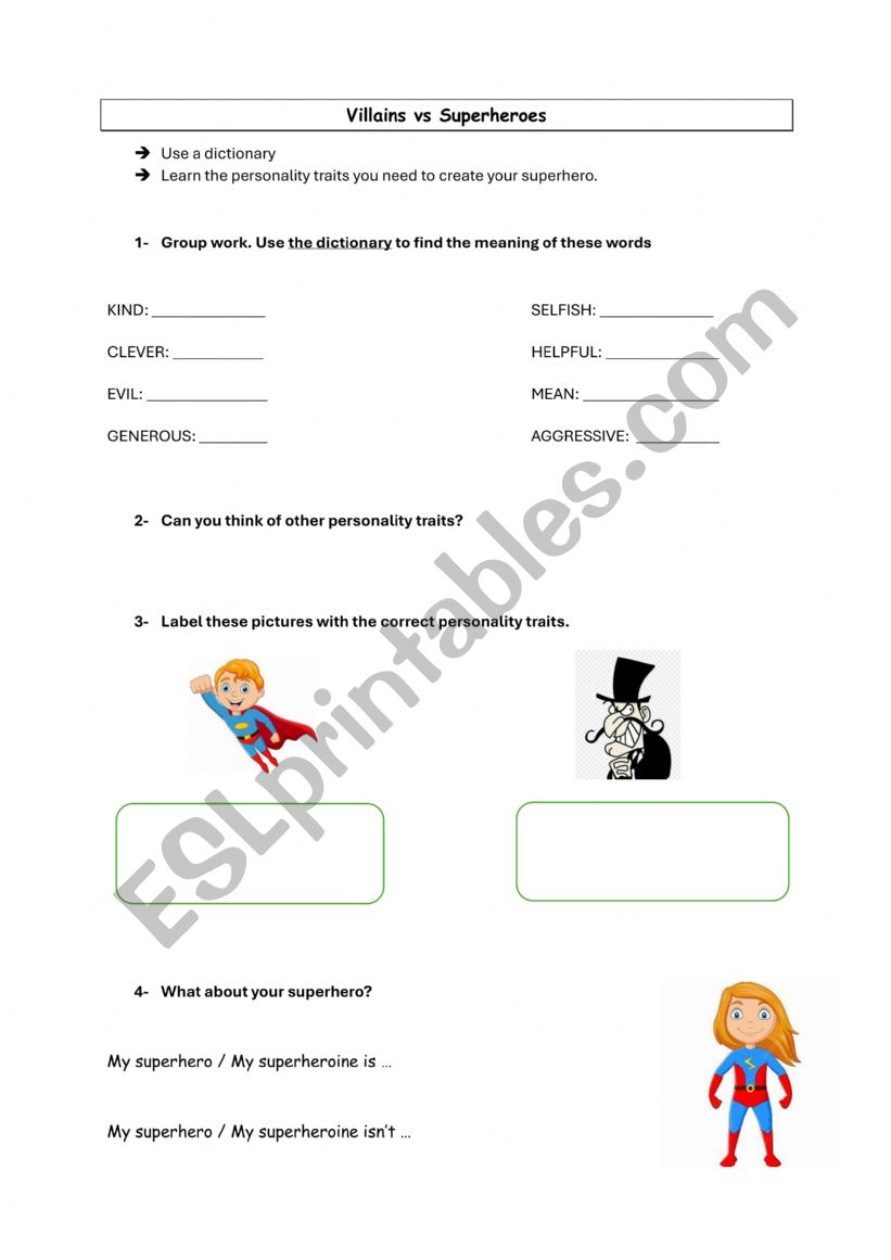 Villains vs Superheroes worksheet