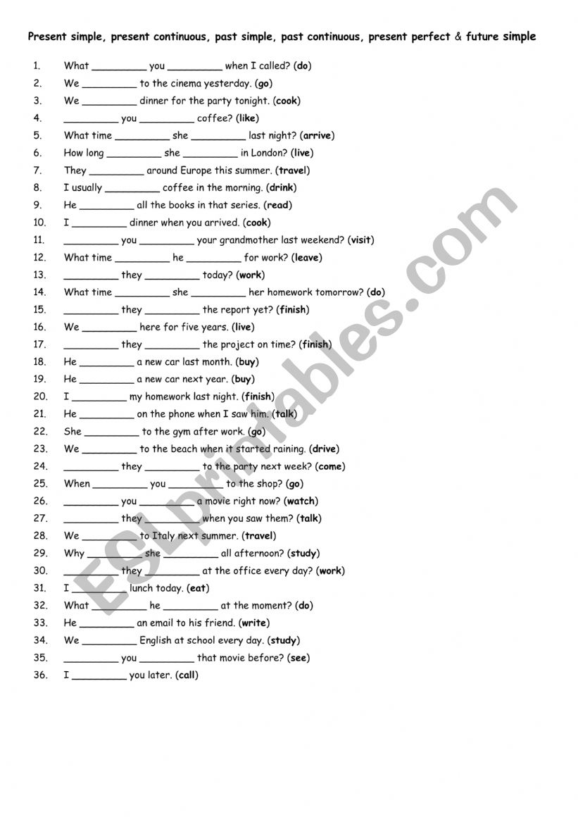 Present simple, present continuous, past simple, past continuous, present perfect & future simple