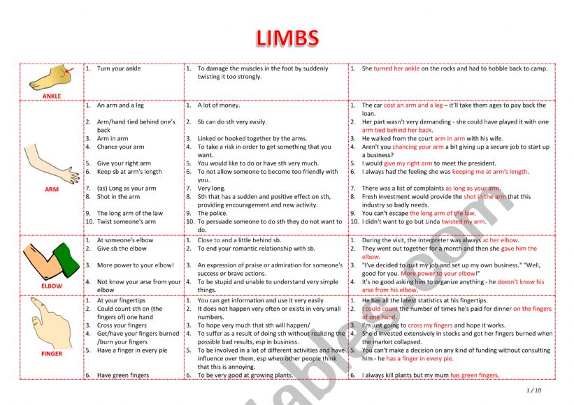 Limbs Idioms worksheet