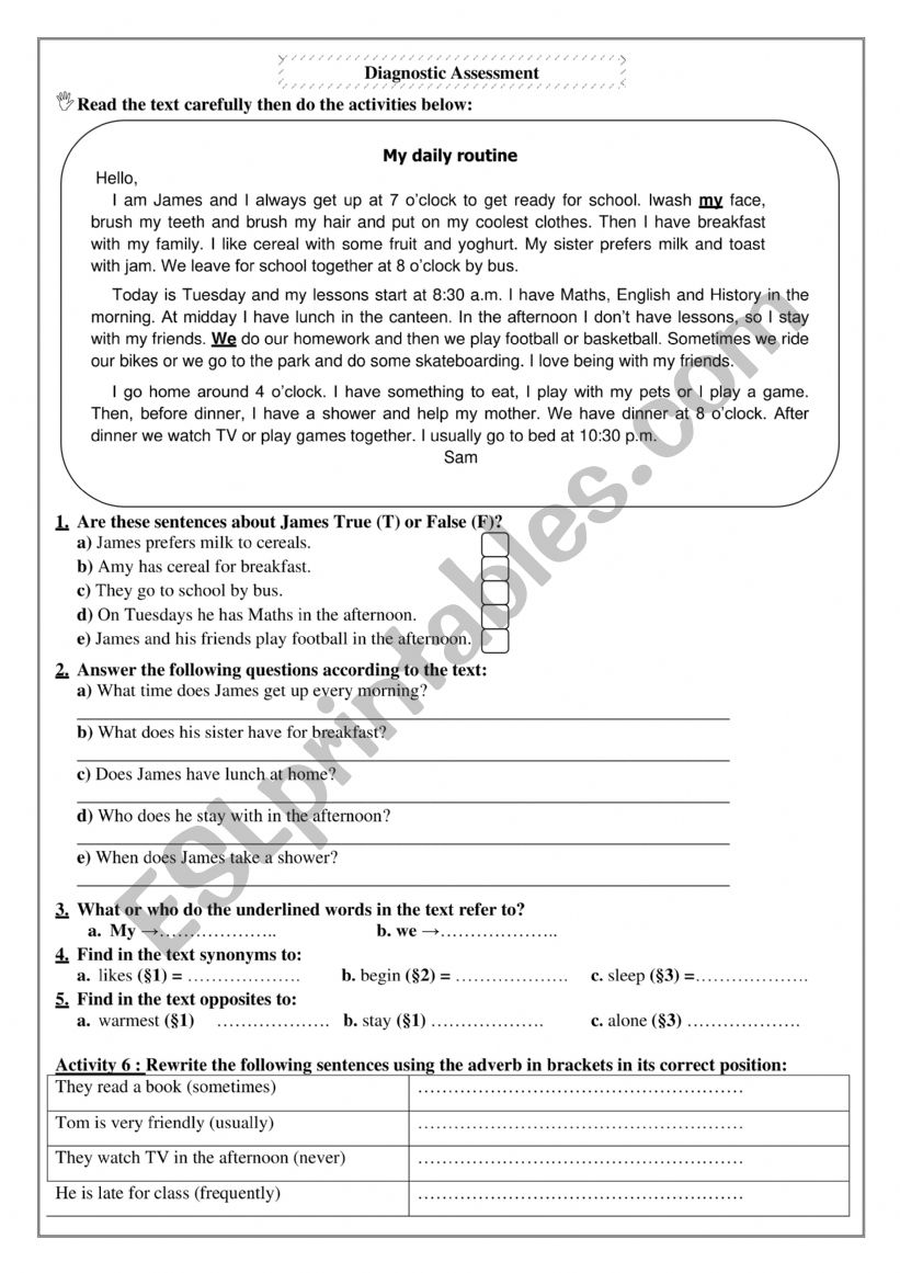 diagnostic assessment worksheet