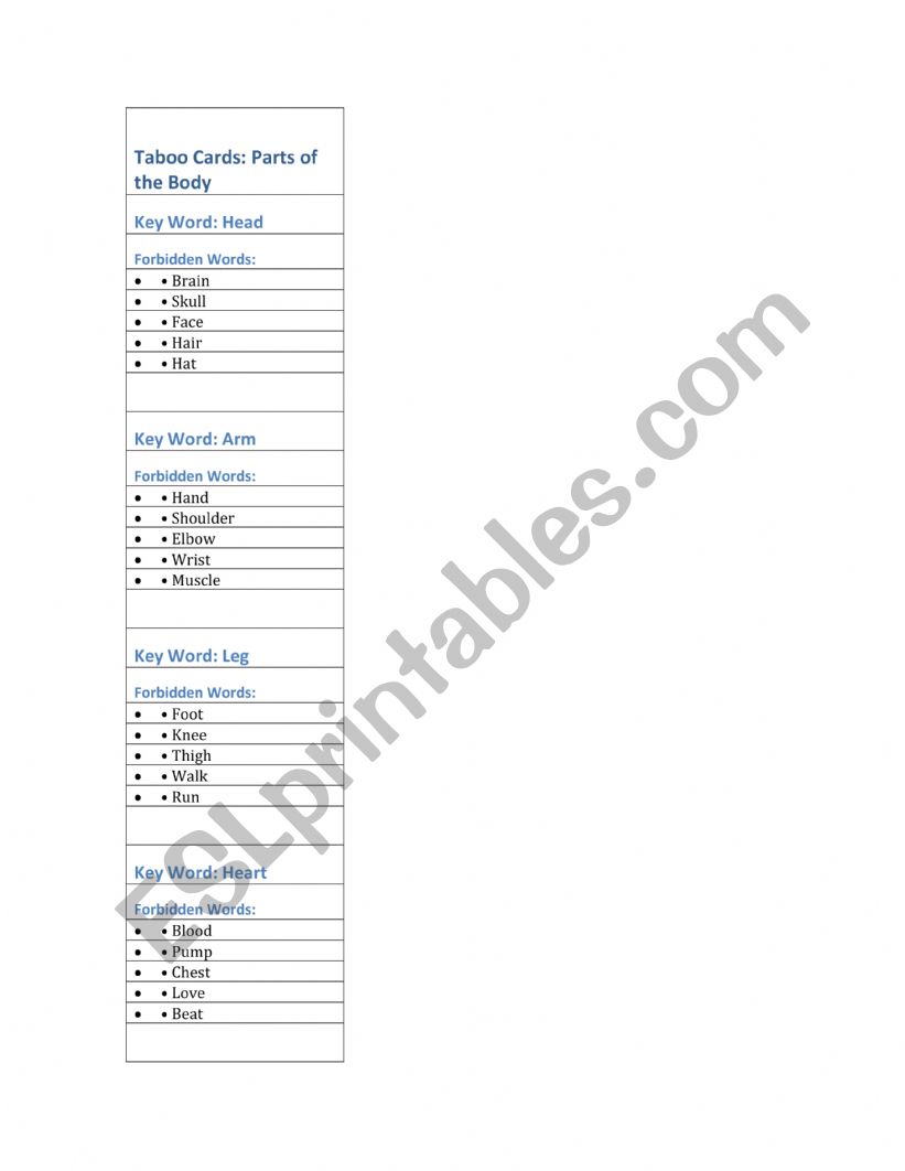 taboo cards body worksheet