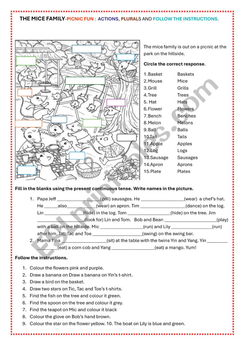 THE MICE FAMILY-PICNIC FUN :  ACTIONS, PLURALS AND FOLLOW THE INSTRUCTIONS.