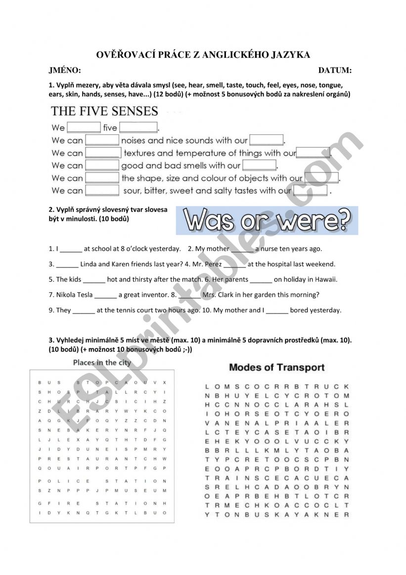 Five senses - test worksheet