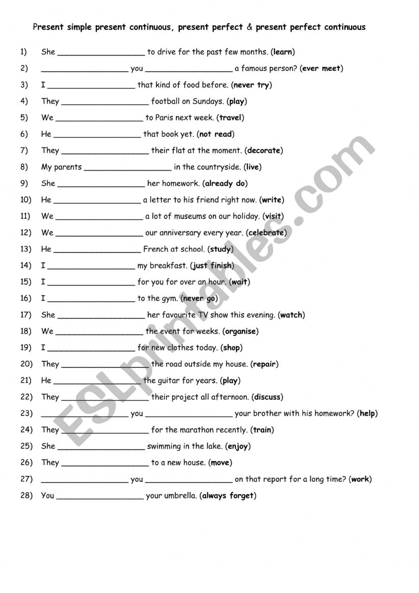 Present simple present continuous, present perfect & present perfect continuous