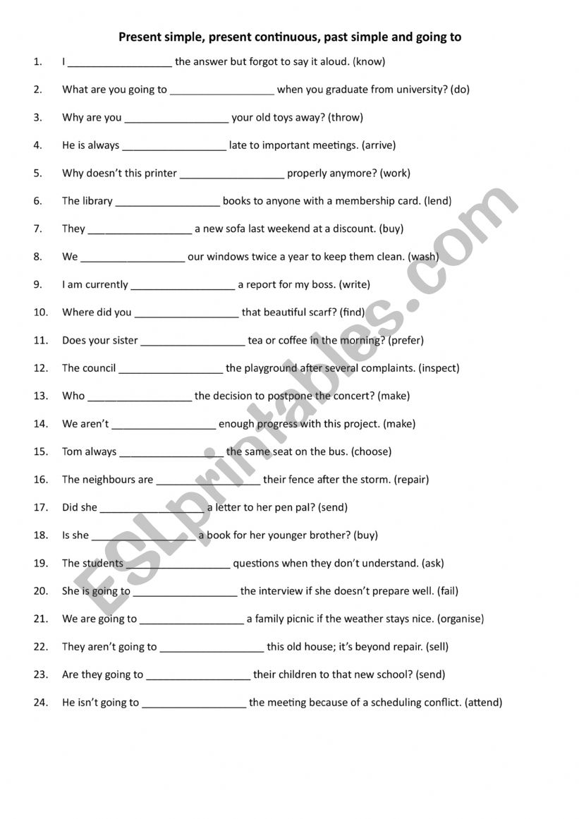 4 common tenses: present simple, present continuous, past simple and going to