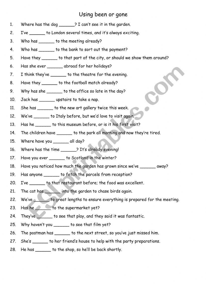 Using been or gone worksheet