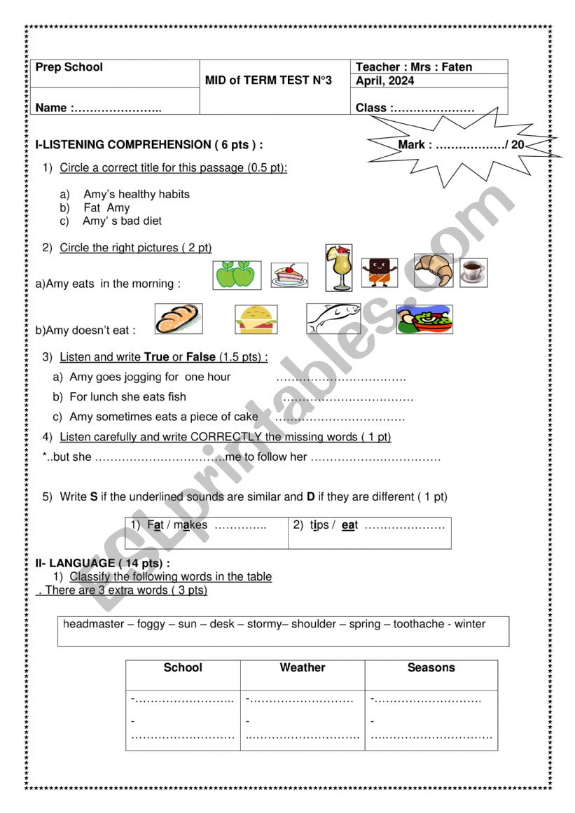 mid term test worksheet