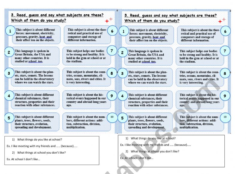 Guess the subject worksheet