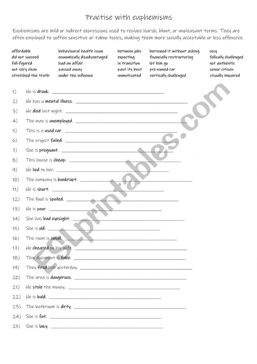 B1-B2 Practise with 25 euphemisms