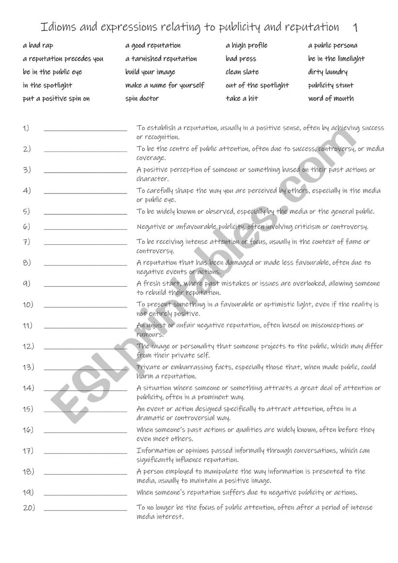 B1+-C1 Idioms and expressions relating to publicity and reputation    1