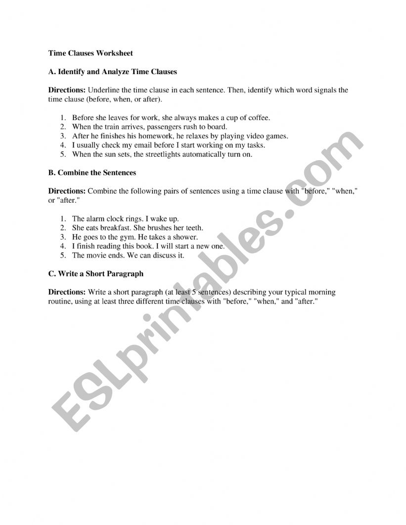 Time Clauses worksheet