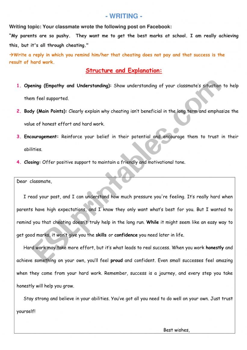 writing about cheating worksheet